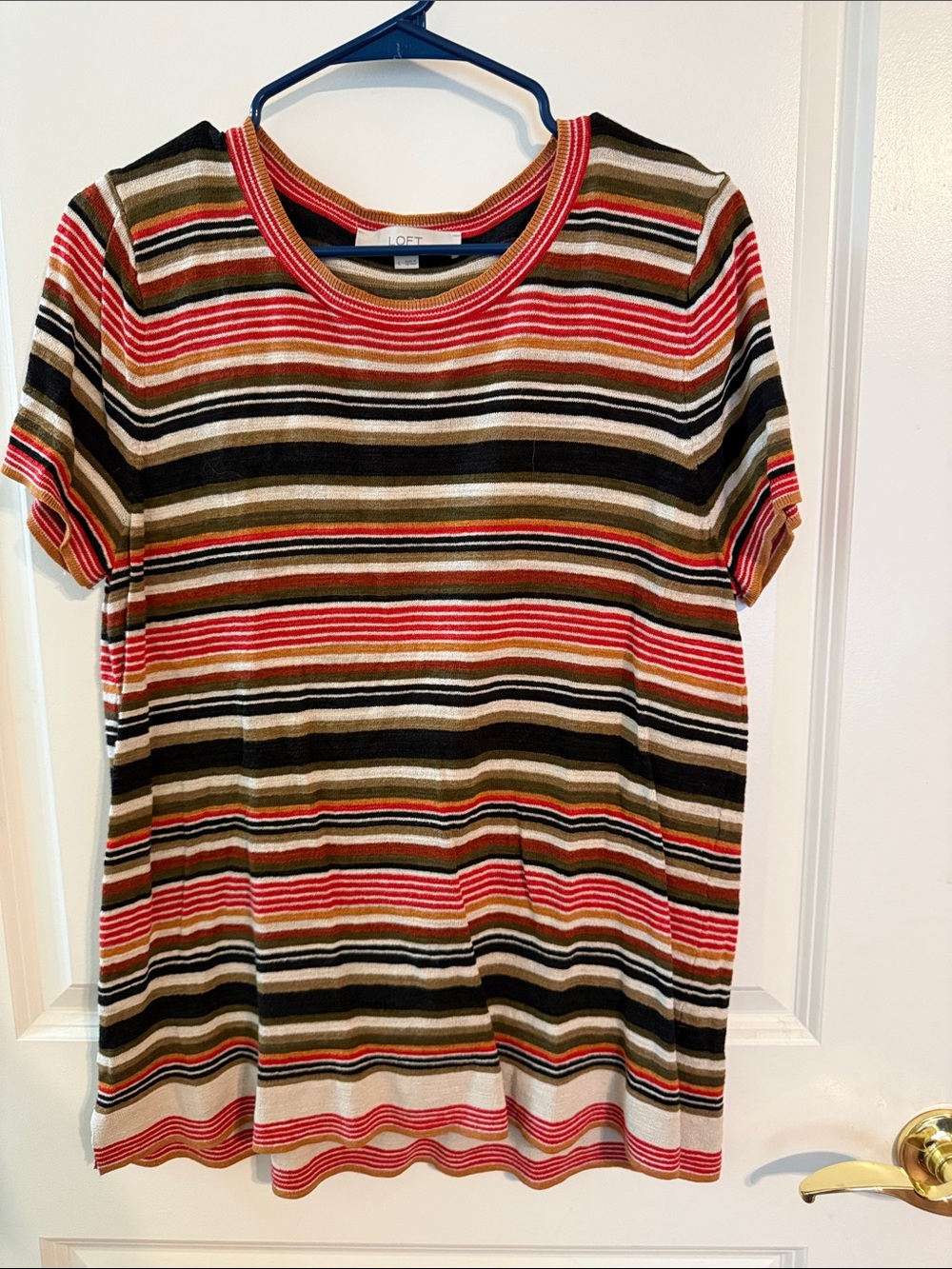 LOFT Striped Short Sleeve Knit Top in Olive, Black, Red L